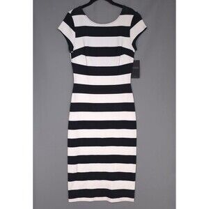 NWT ZARA Women’s Dress LARGE Fitted Striped Black White Midi 8342/107 TRAFALUC